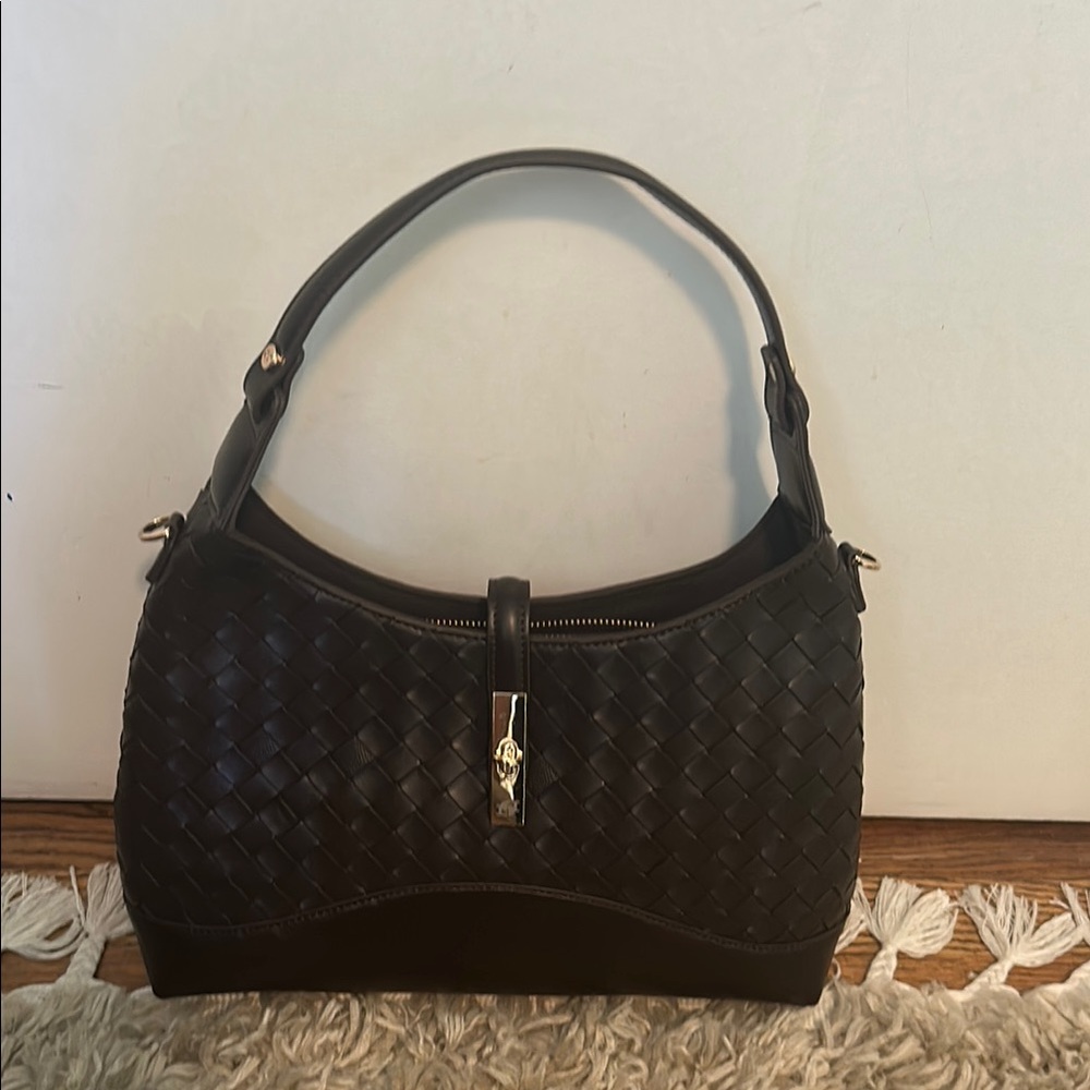 Woven Leather Shoulder Bag - choc brown
